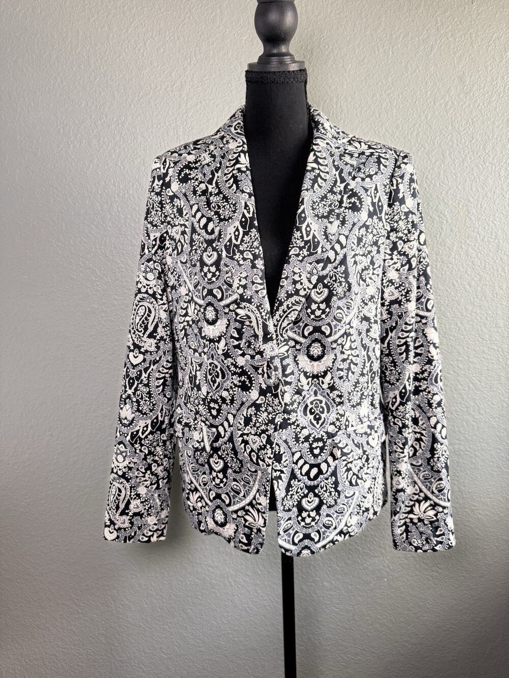 MNG Collection Black White Paisley Blazer Baroque Statement Jacket Floral XL